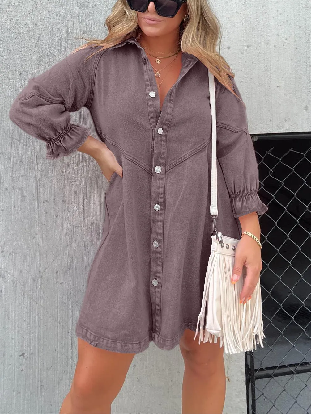 WASHED DENIM PUFF SLEEVE DRESS