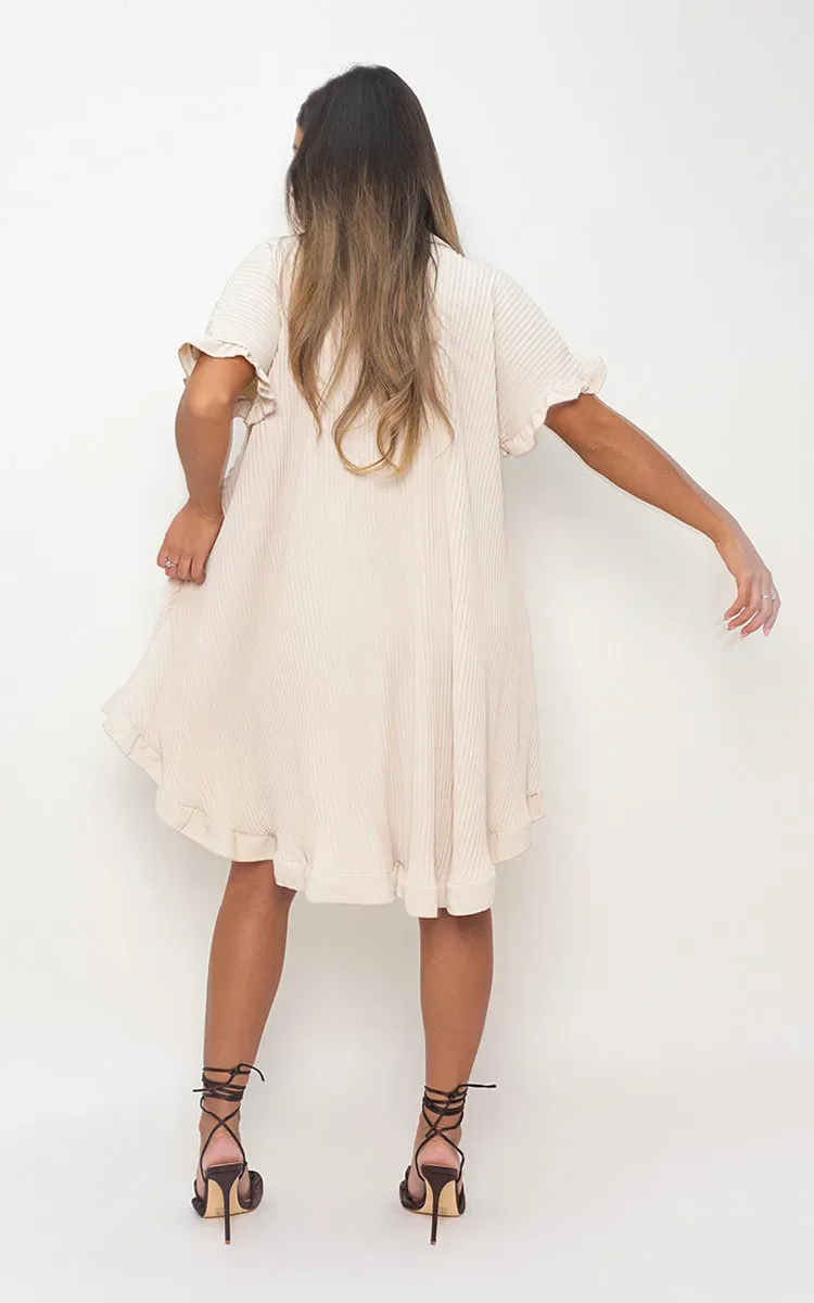 🔥🔥🔥🔥2024 STRETCH FANCY RIB BUTTON DOWN OVERSIZED RUFFLE SHORT SLEEVE MINI DRESS(BUY 2 FREE SHIPPING)