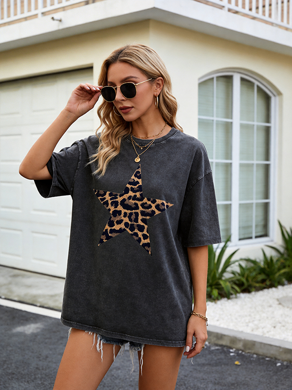 Acid-washed leopard print star short-sleeved shirt（BUY 2 FREE SHIPPING)