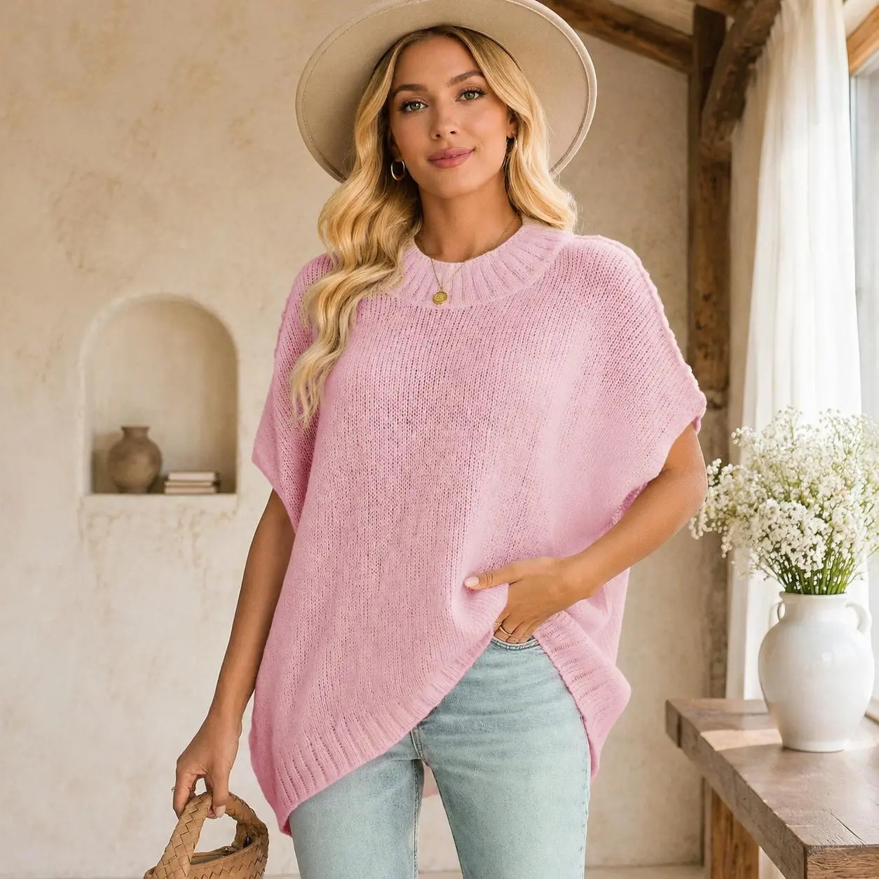 Women's Oversized Batwing Sleeve Ribbed Knit Mock Neck Sweater