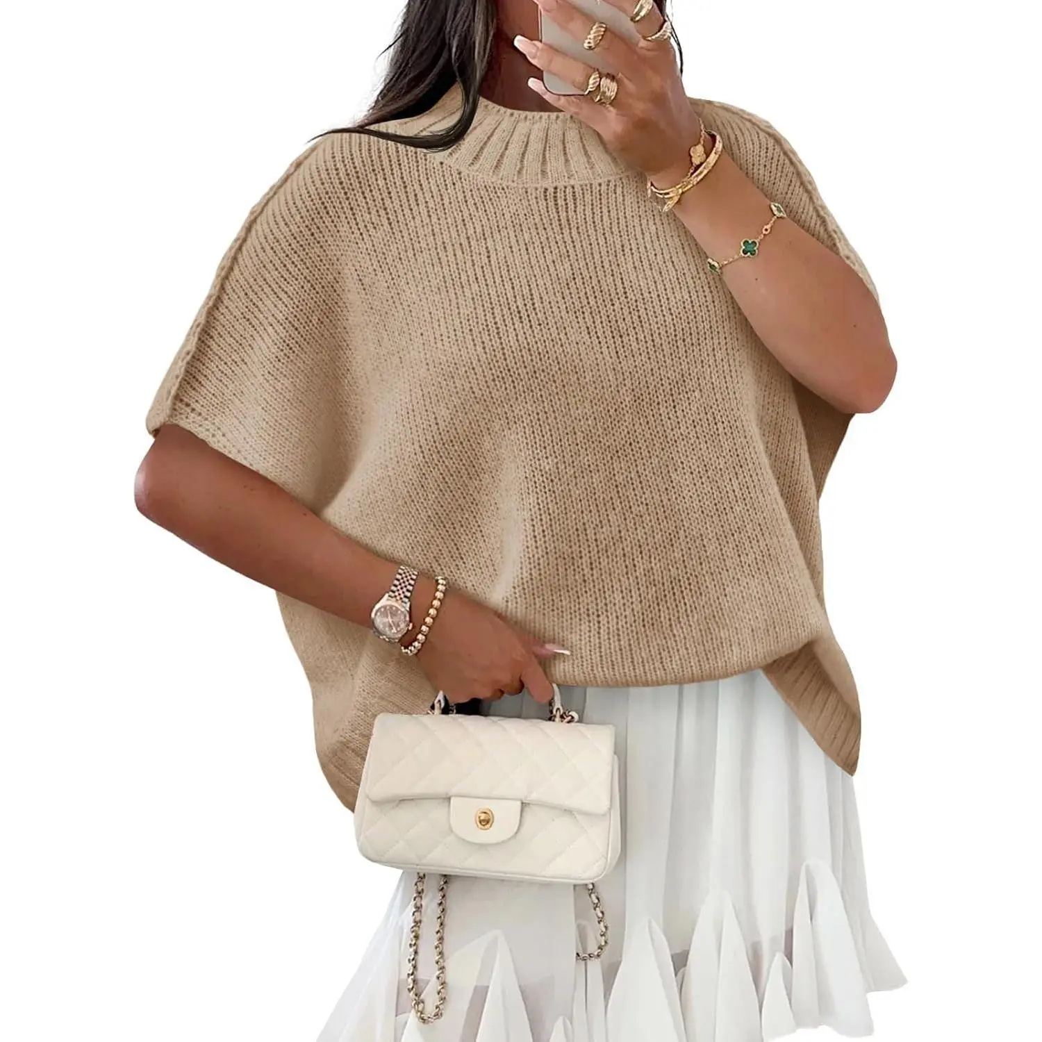 Women's Oversized Batwing Sleeve Ribbed Knit Mock Neck Sweater
