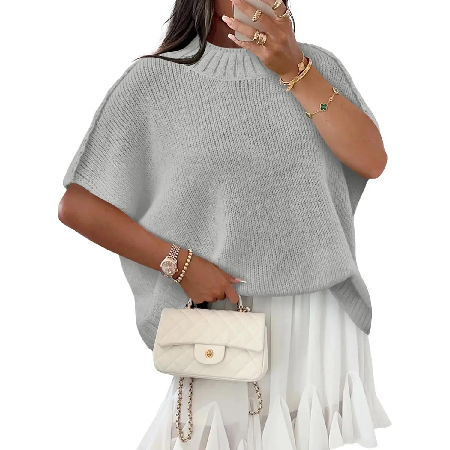 Women's Oversized Batwing Sleeve Ribbed Knit Mock Neck Sweater