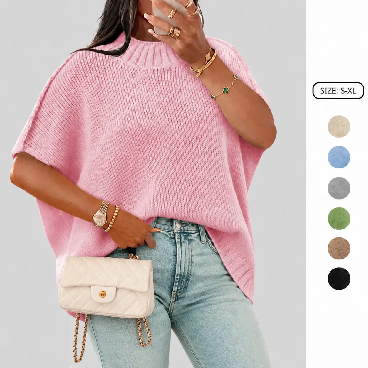 Women's Oversized Batwing Sleeve Ribbed Knit Mock Neck Sweater