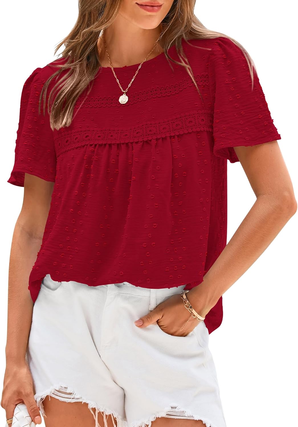 Women's Swiss Dot Lace Crochet Crewneck Boho Short Sleeves(Buy 2 Free Shipping)