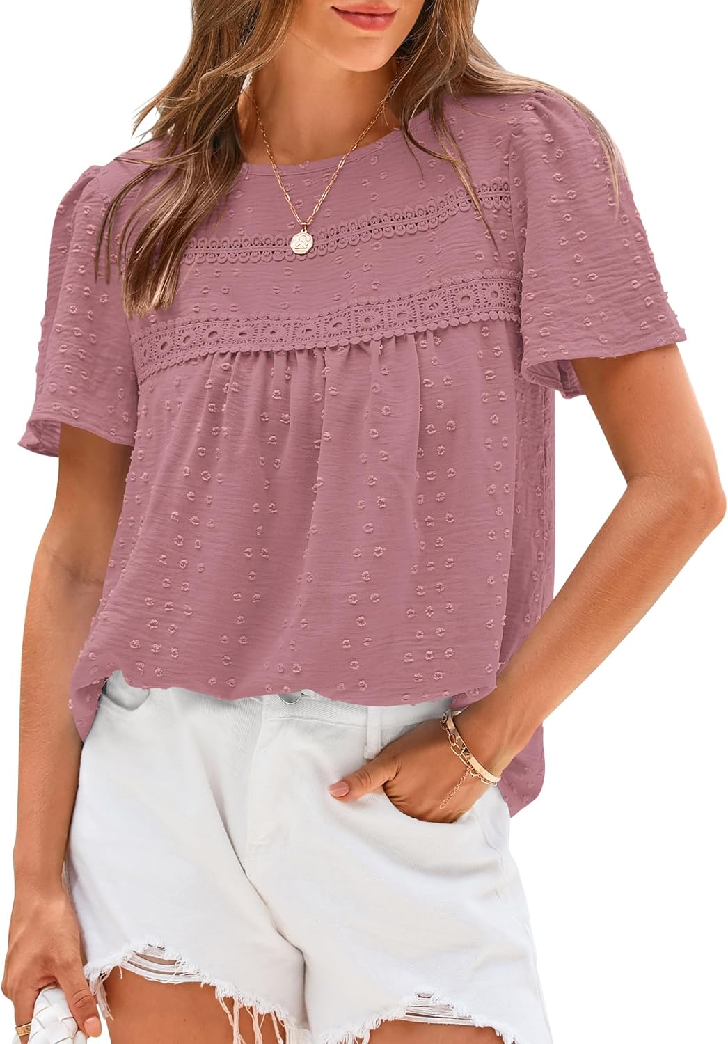 Women's Swiss Dot Lace Crochet Crewneck Boho Short Sleeves(Buy 2 Free Shipping)