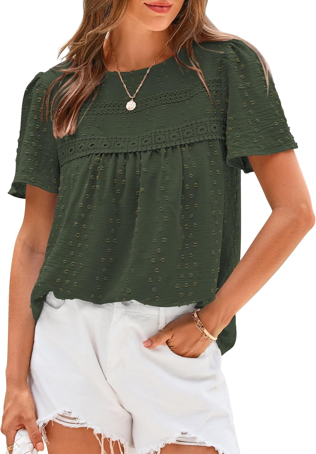Women's Swiss Dot Lace Crochet Crewneck Boho Short Sleeves(Buy 2 Free Shipping)