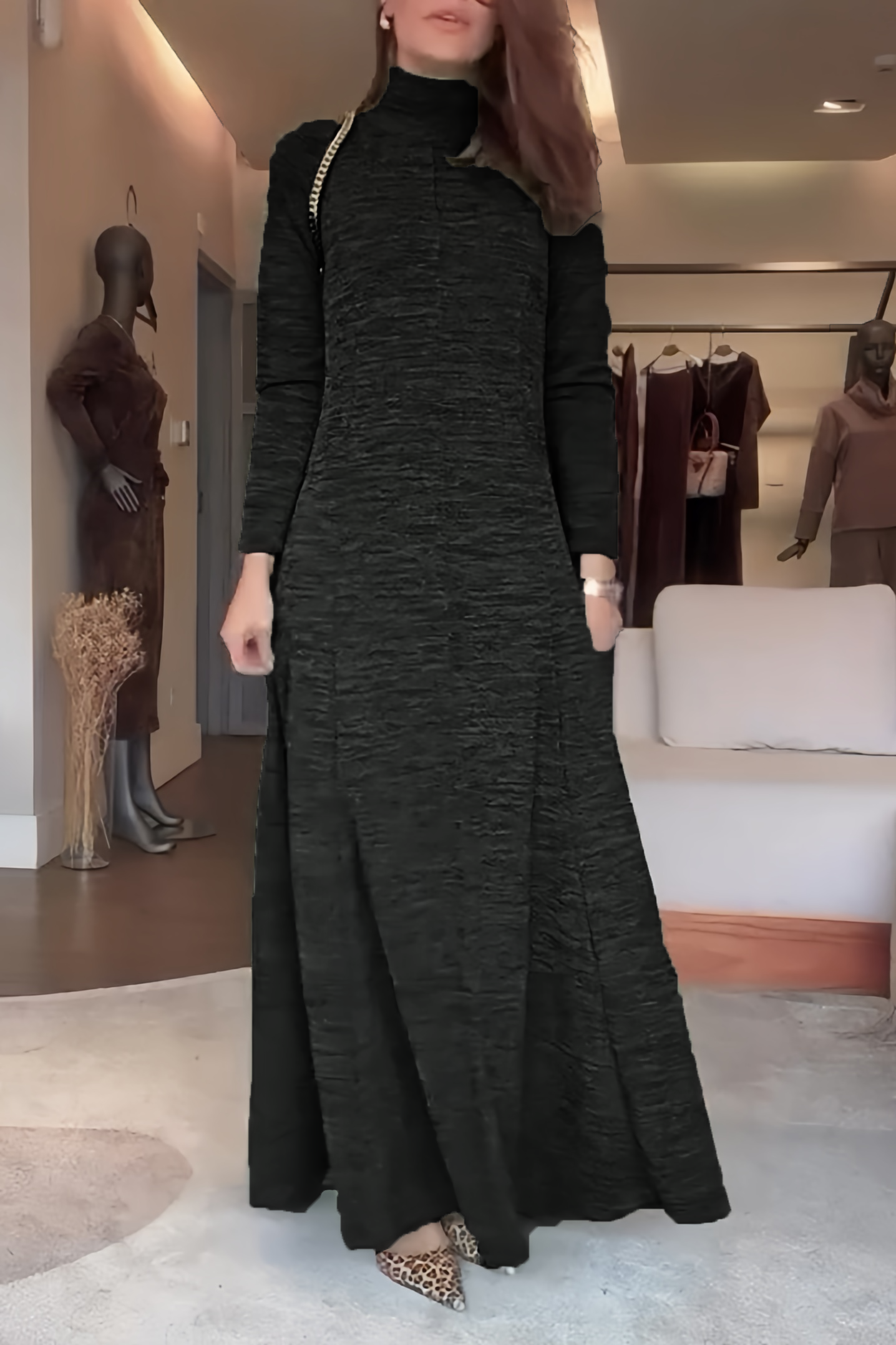 High Neck Long Sleeve Ribbed Dress（BUY 2 FREE SHIPPING)