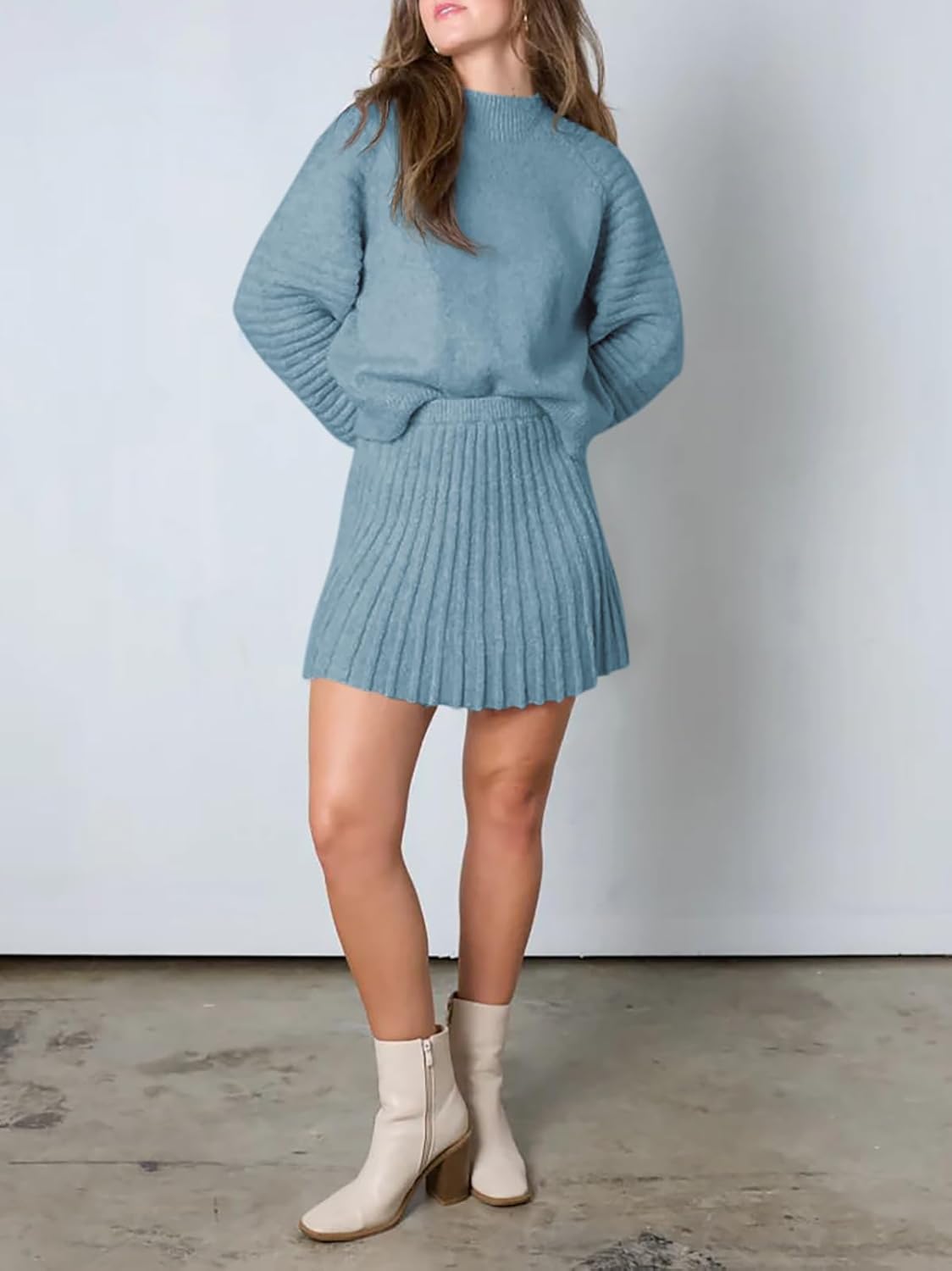 Women's Mock Neck Ribbed Sweaters and Mini Skirt Two Piece Sets