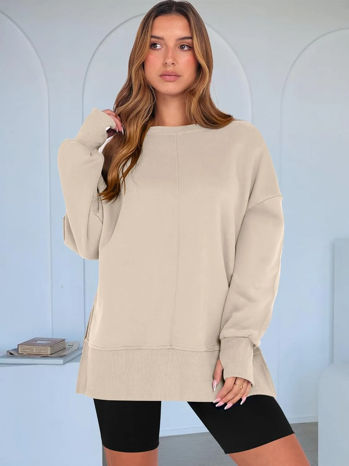 WOMENS OVERSIZED THUMBHOLE LONG SLEEVE SIDE SLIT PULLOVER TOP(BUY 2 FREE SHIPPING)