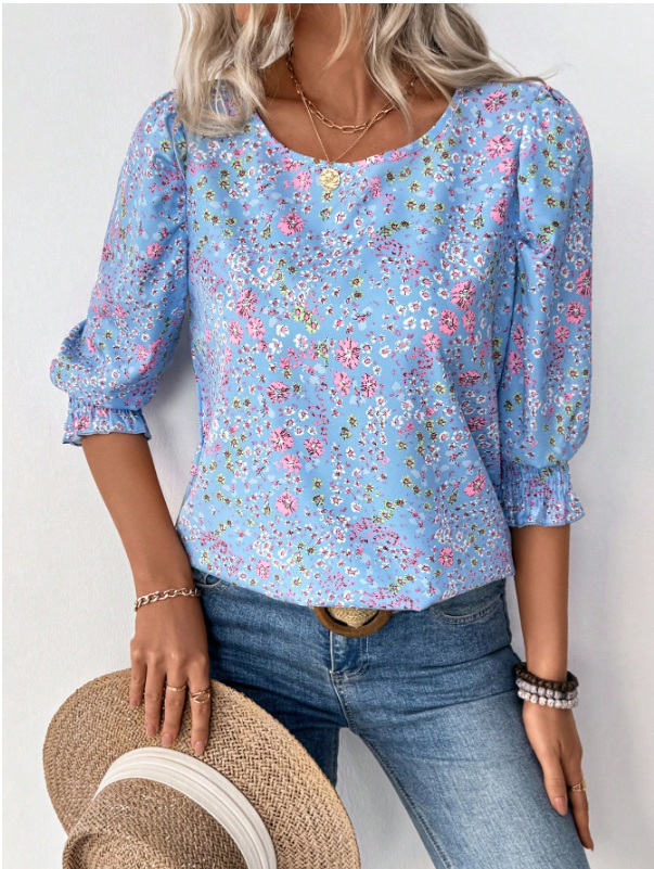 Women's Floral 3/4 Sleeve Round Neck Casual Blouse