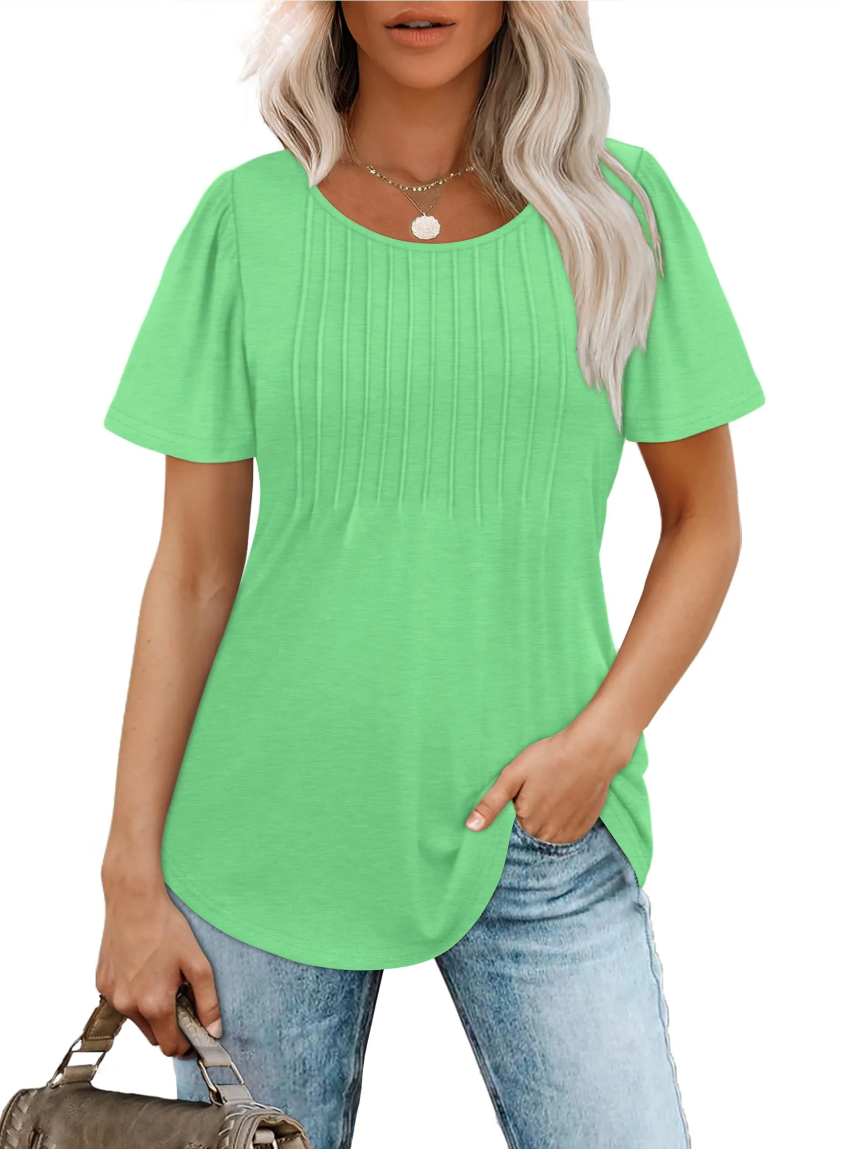 🔥🔥🔥🔥Women's Short Sleeve Pleated Dressy Casual Scooped Neck Tops