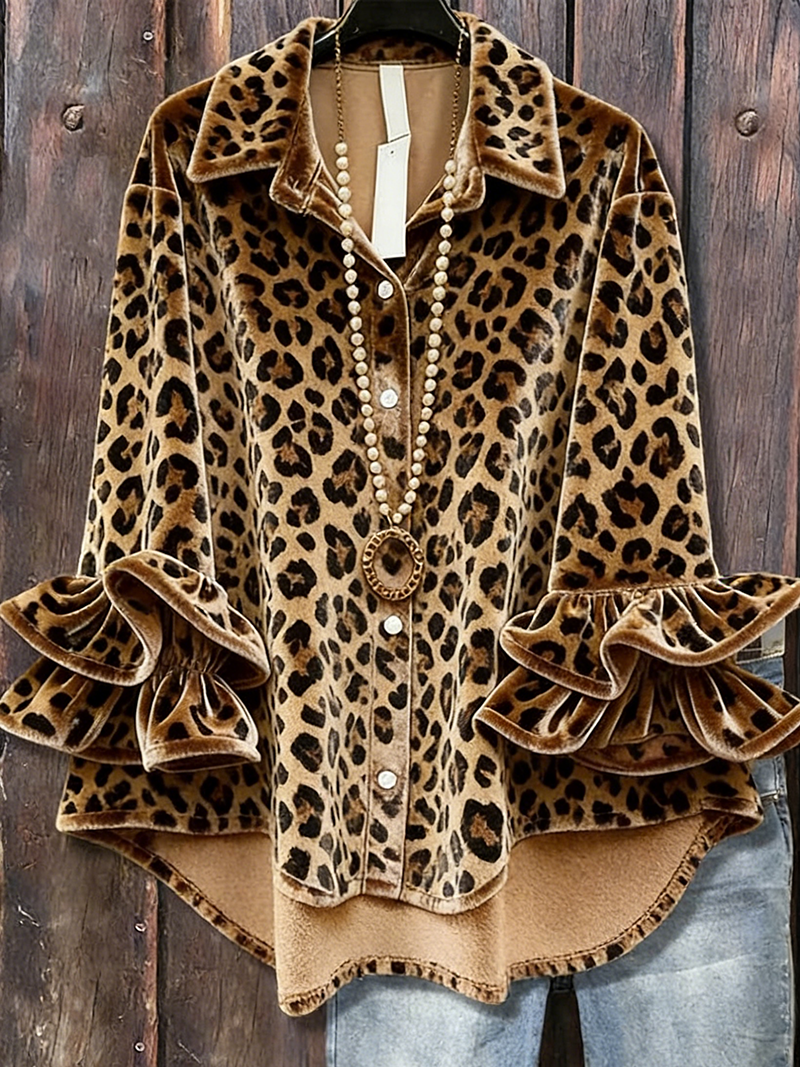 Leopard Ruffle Long Sleeve Velvet Top