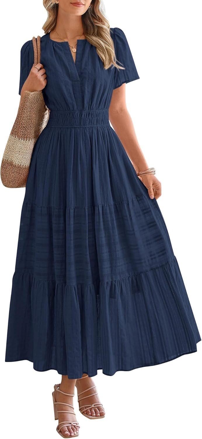 🔥HOT SALE🔥Womens Summer Lightweight Short Sleeve V Casual Midi Maxi Dresses(BUY 2 FREE SHIPPING)