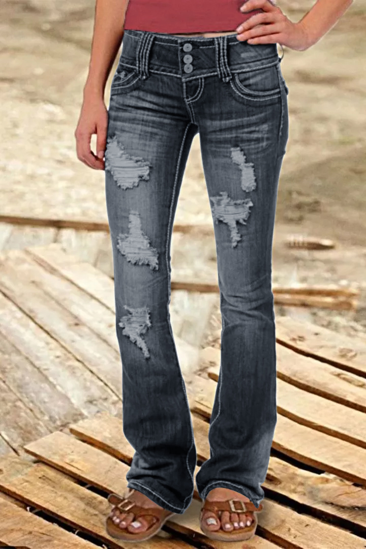 MIDIROS Vintage Low Waist Ripped Button Up Jeans-Umairmen