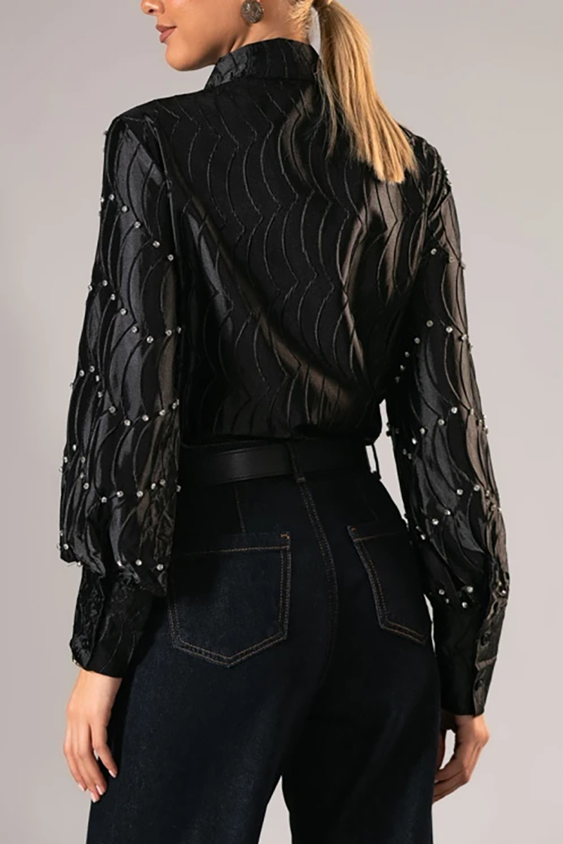 Silk satin textured water ripple pleated loose-fitting rhinestone long-sleeved shirt（BUY 2 FREE SHIPPING)