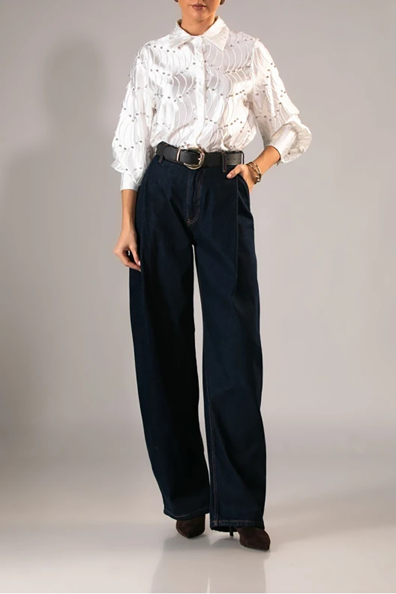 Silk satin textured water ripple pleated loose-fitting rhinestone long-sleeved shirt（BUY 2 FREE SHIPPING)