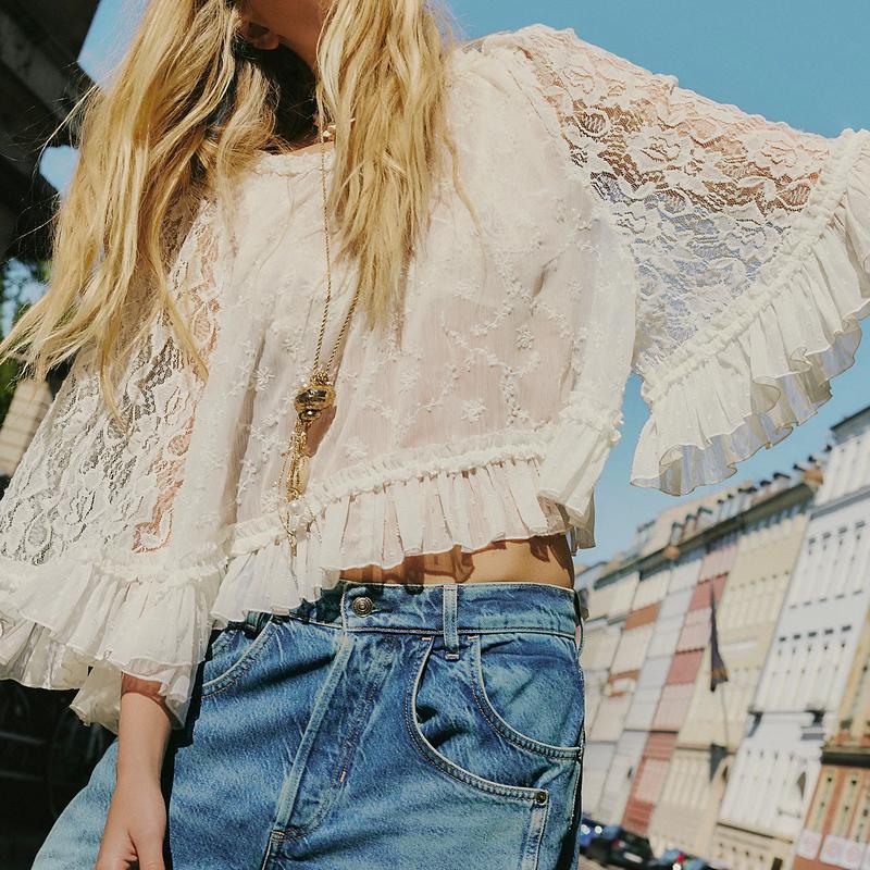 Boho Floral Semi Sheer Loose Fit Ruffle Hem Blouse