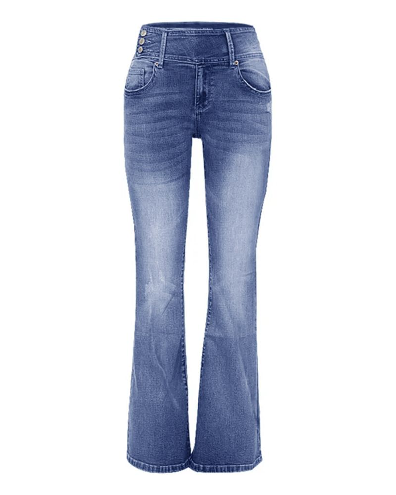 Vintage Button Side Design Mid Waist Flare Jeans