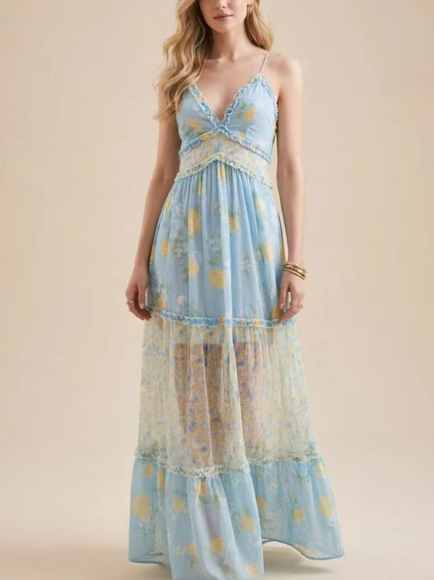 Women's Lace Trim Floral Chiffon Tiered Maxi Dress