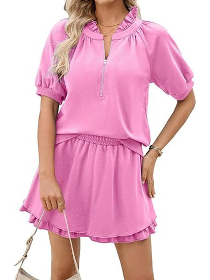 Women Half Zip Up Tops and Ruffled Shorts Lounge Set