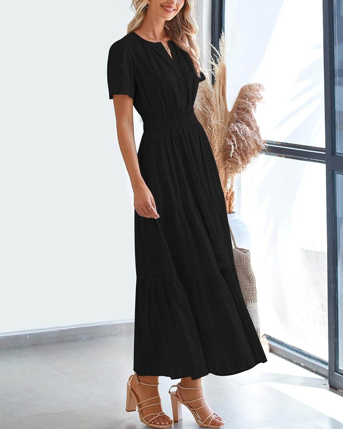 🔥HOT SALE🔥Womens Summer Lightweight Short Sleeve V Casual Midi Maxi Dresses(BUY 2 FREE SHIPPING)