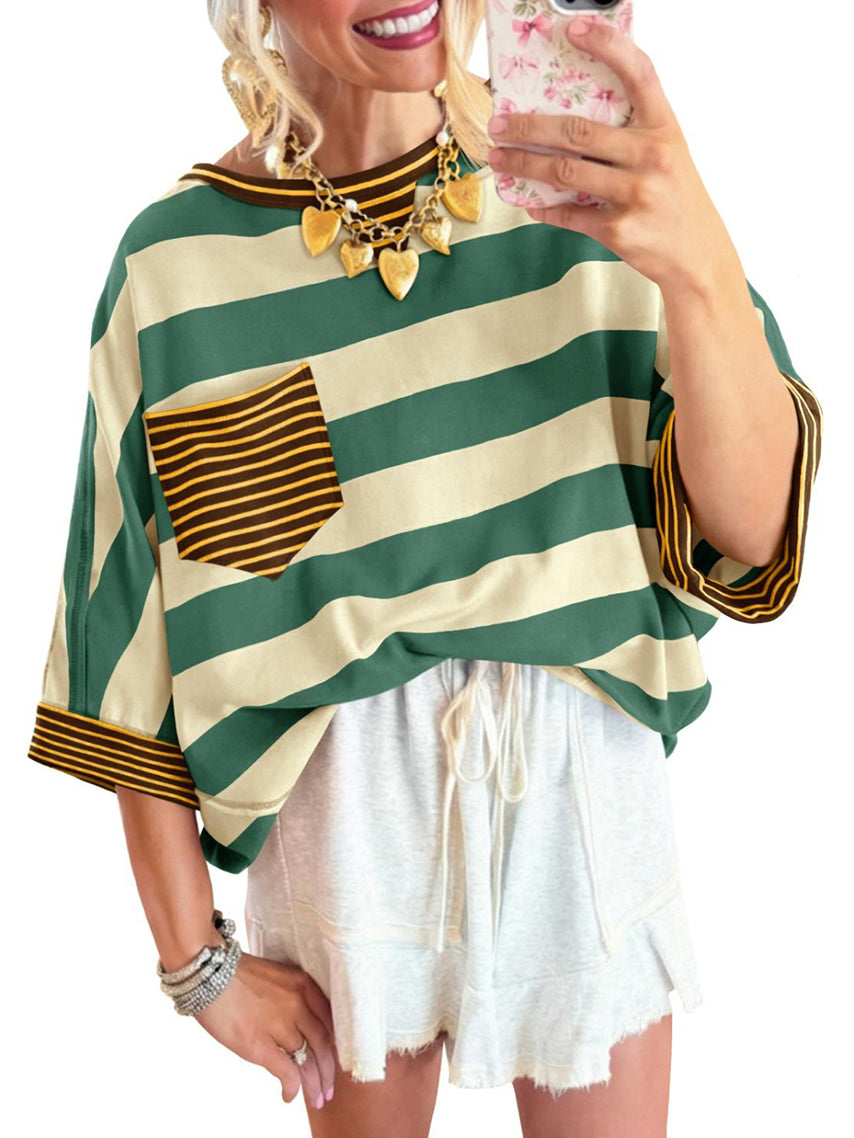 ⏰Hot Sale-Women's T-shirts Striped Drop Shoulder Pocket T-shirt