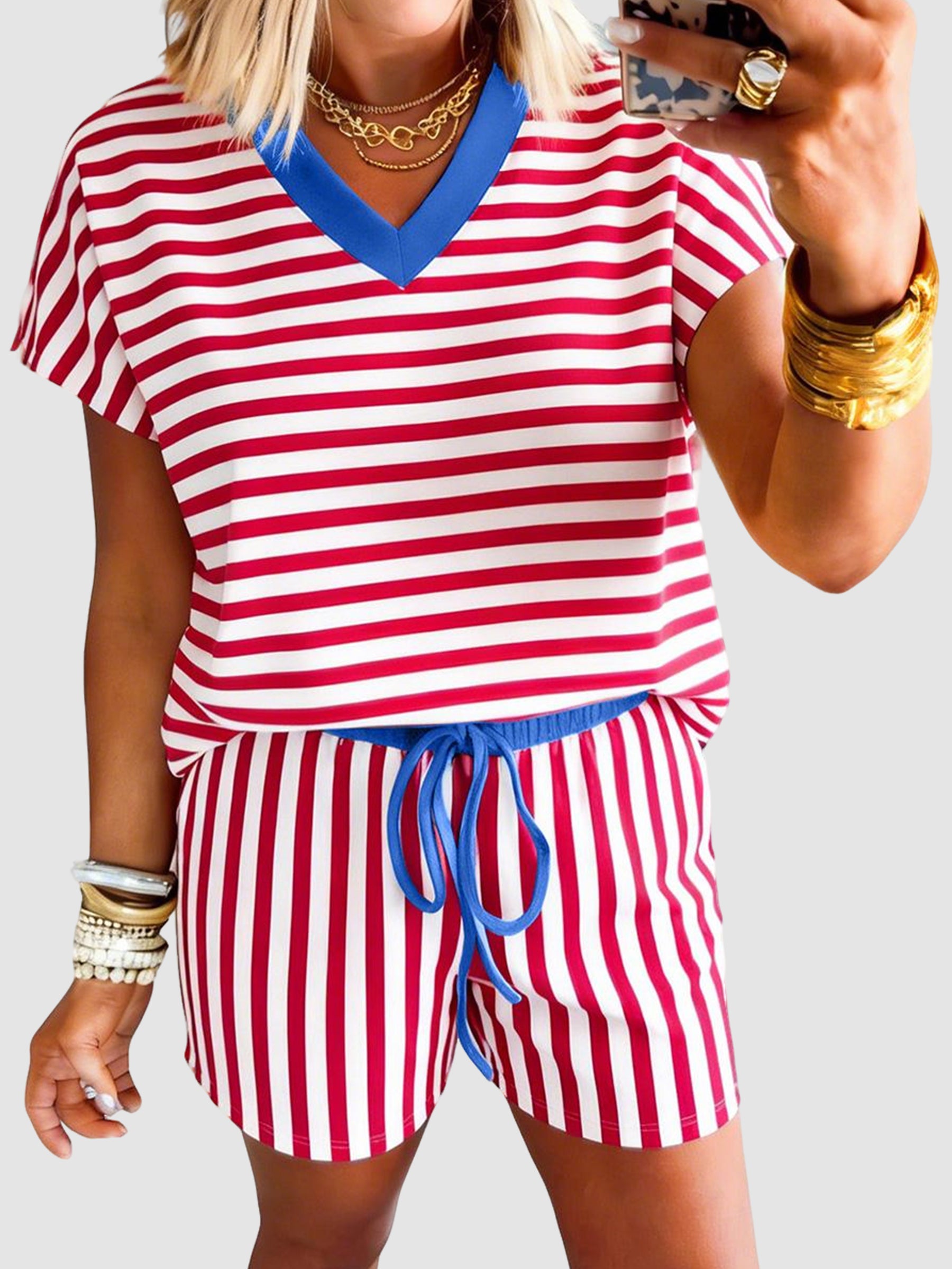 Women's Striped Color-Block V-Neck 2-Piece Set
