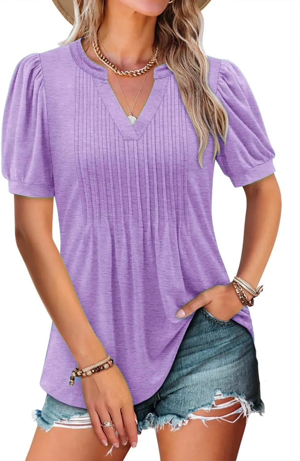 Women's V-neck Loose Pleated Short-sleeved Waist Top