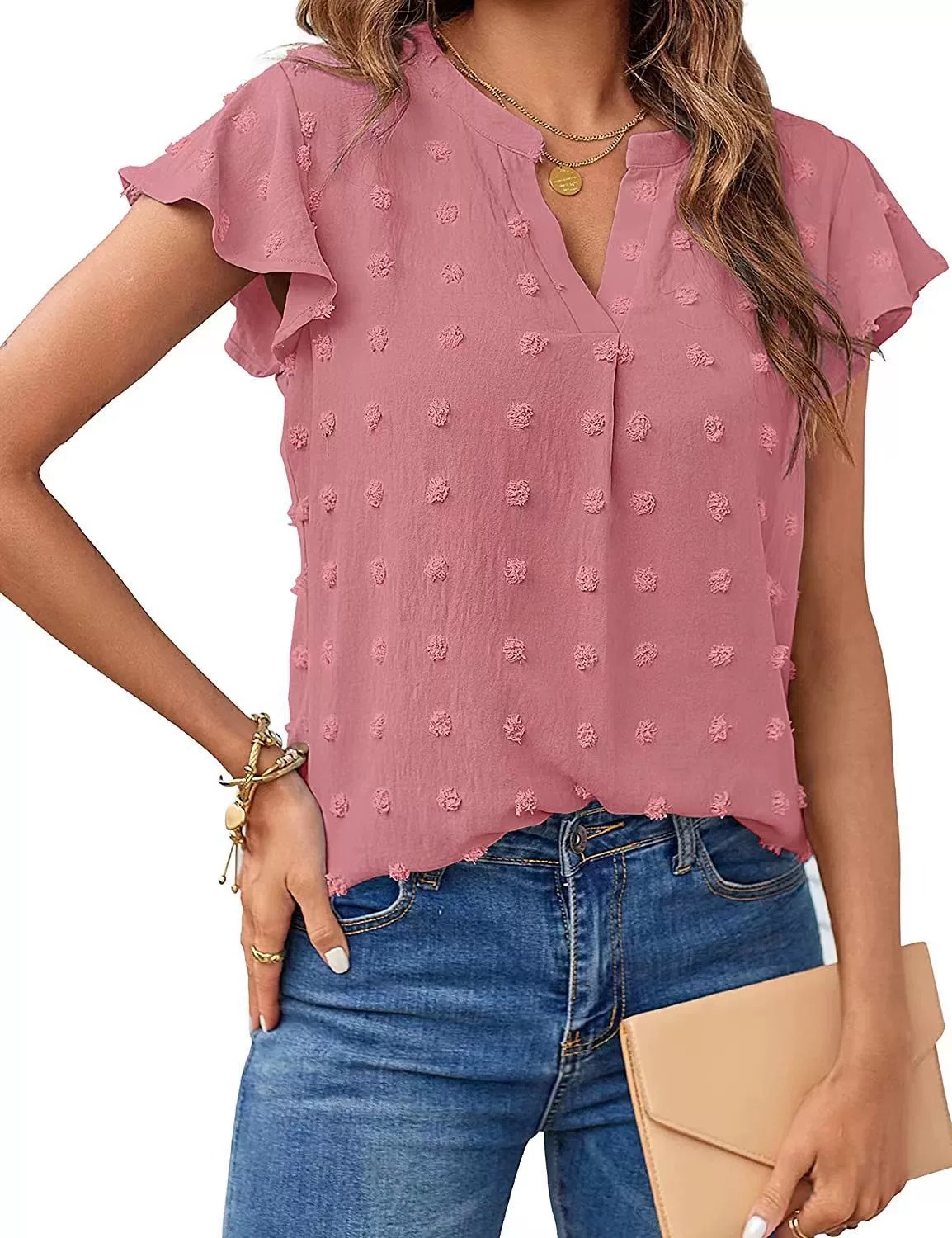 🔥HOT SALE🔥Womens White Blouse V Neck Ruffle Sleeve Flowy Shirts Dressy Casual Cute Summer Tops(BUY 3 GET FREE SHIPPING)