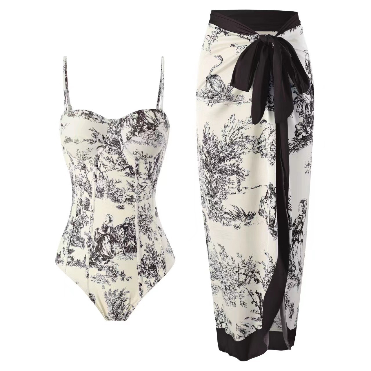 ✨Women Adjustable Shoulder Strip Plant Prints One Piece Swimsuit and Skirt/Sarong(BUY 2 FREE SHIPPING)