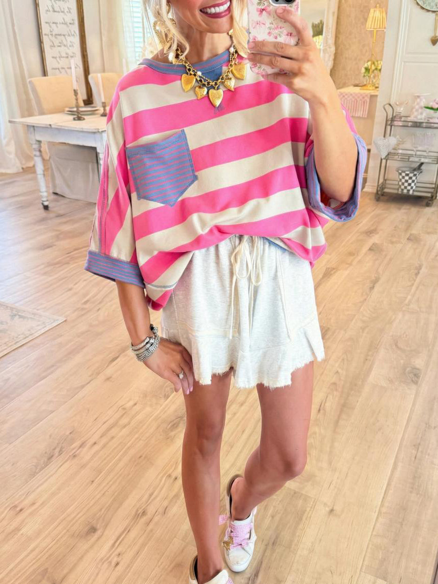 ⏰Hot Sale-Women's T-shirts Striped Drop Shoulder Pocket T-shirt