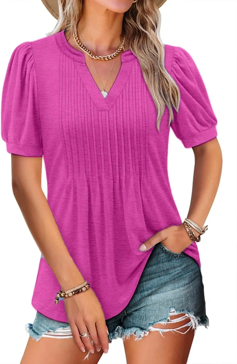 Women's V-neck Loose Pleated Short-sleeved Waist Top