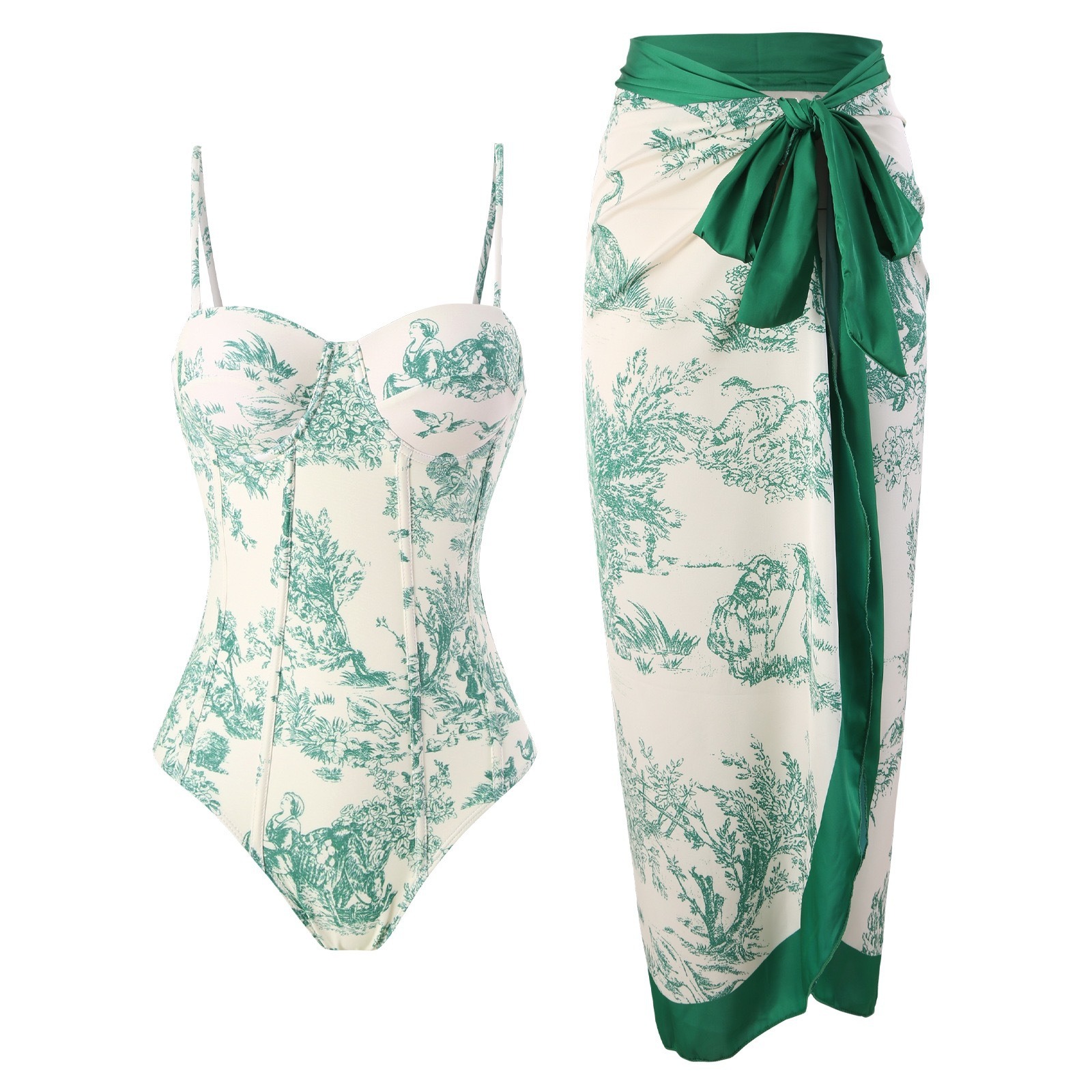 ✨Women Adjustable Shoulder Strip Plant Prints One Piece Swimsuit and Skirt/Sarong(BUY 2 FREE SHIPPING)