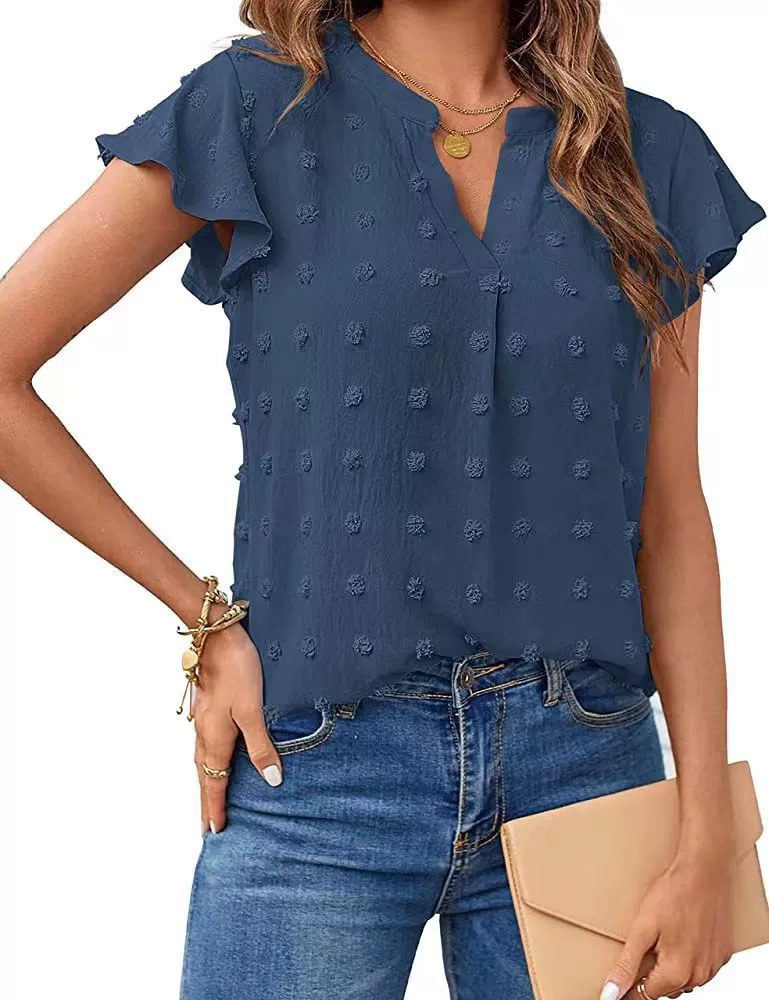 🔥HOT SALE🔥Womens White Blouse V Neck Ruffle Sleeve Flowy Shirts Dressy Casual Cute Summer Tops(BUY 3 GET FREE SHIPPING)