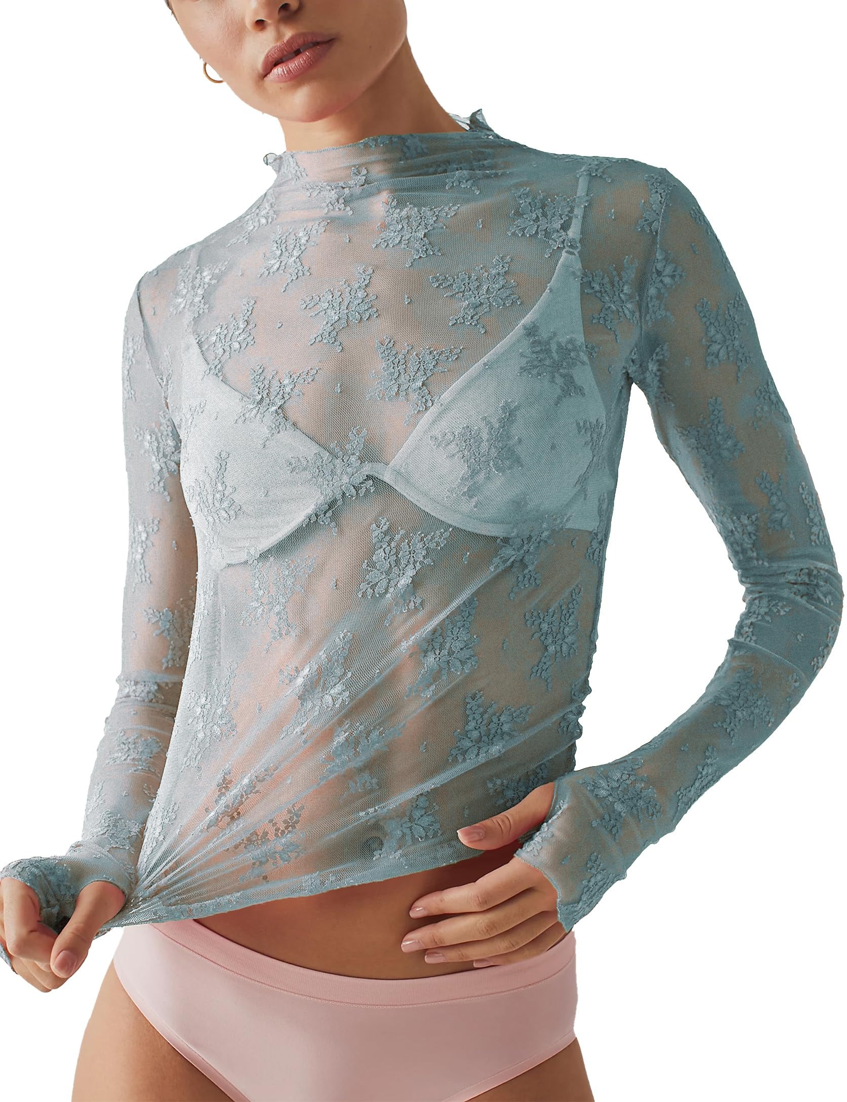 🔥HOT SALE🔥Women Long Sleeve Tops Sheer Lace Basic Shirt Casual Pullover for Fall Club Streetwear Aesthetic Clothes