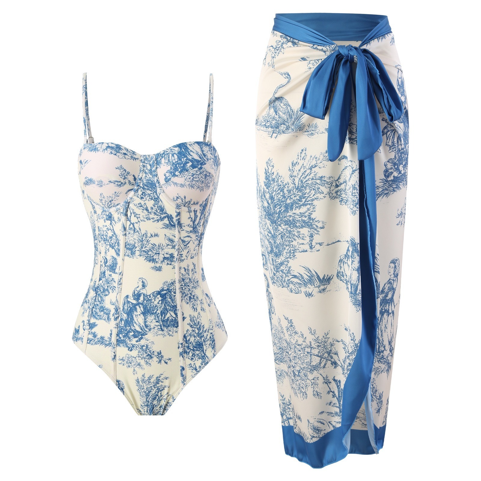 ✨Women Adjustable Shoulder Strip Plant Prints One Piece Swimsuit and Skirt/Sarong(BUY 2 FREE SHIPPING)