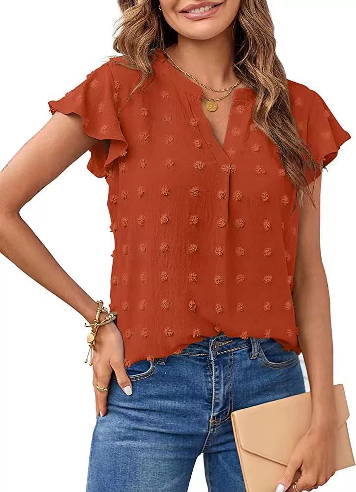 🔥HOT SALE🔥Womens White Blouse V Neck Ruffle Sleeve Flowy Shirts Dressy Casual Cute Summer Tops(BUY 3 GET FREE SHIPPING)