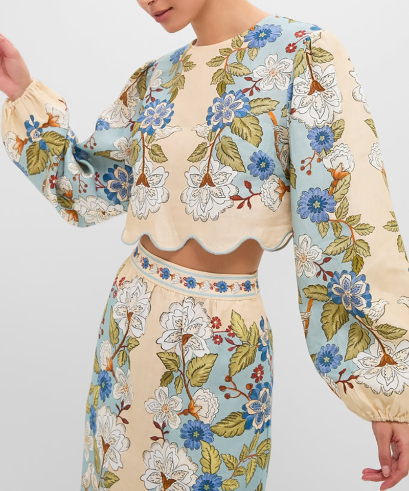 Garden scarf blue long-sleeved skirt set