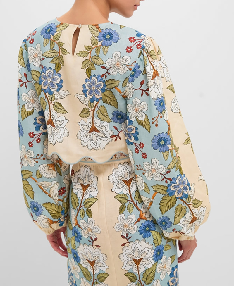 Garden scarf blue long-sleeved skirt set
