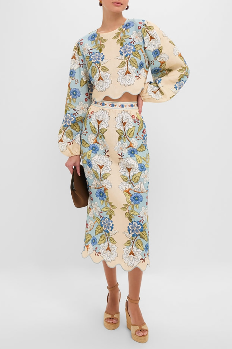 Garden scarf blue long-sleeved skirt set
