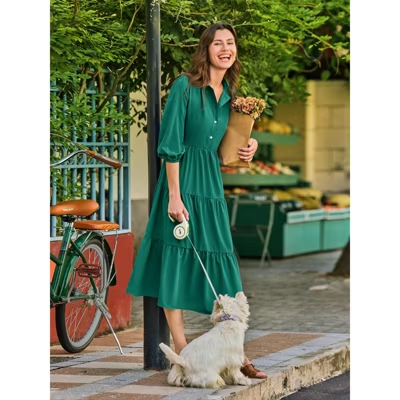 Women's Casual Flowy Collared 3/4 Sleeve Tiered Midi Shirt Dress