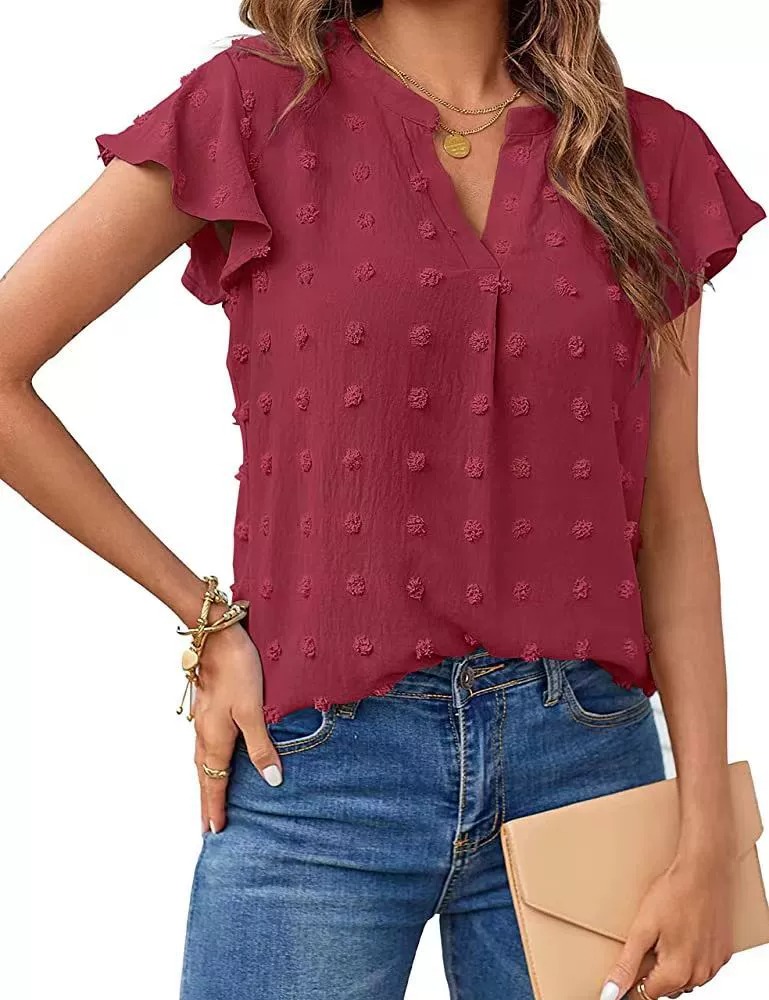 🔥HOT SALE🔥Womens White Blouse V Neck Ruffle Sleeve Flowy Shirts Dressy Casual Cute Summer Tops(BUY 3 GET FREE SHIPPING)