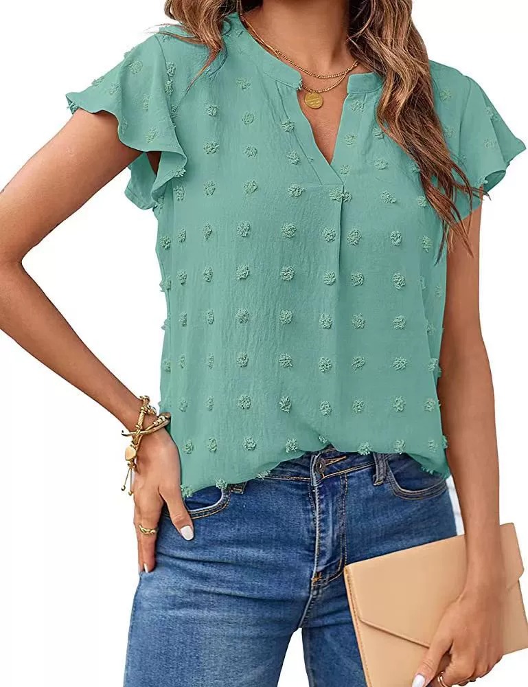 🔥HOT SALE🔥Womens White Blouse V Neck Ruffle Sleeve Flowy Shirts Dressy Casual Cute Summer Tops(BUY 3 GET FREE SHIPPING)
