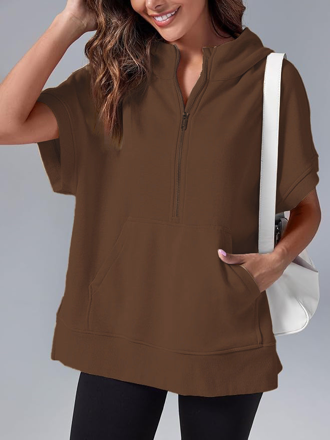 Women's Oversized Casual Half Zip Short Sleeve Pullover Tops with Pockets