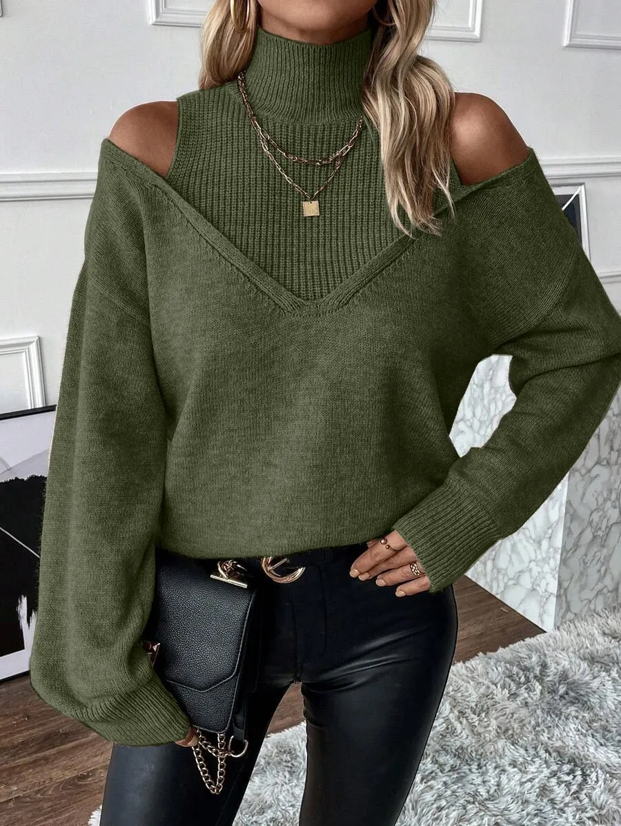 WOMEN'S TURTLENECK COLD SHOULDER 2 IN 1 SWEATER(BUY 2 FREE SHIPPING)