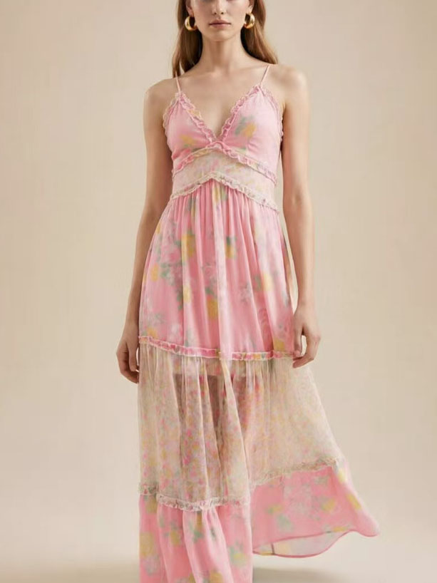 Women's Lace Trim Floral Chiffon Tiered Maxi Dress