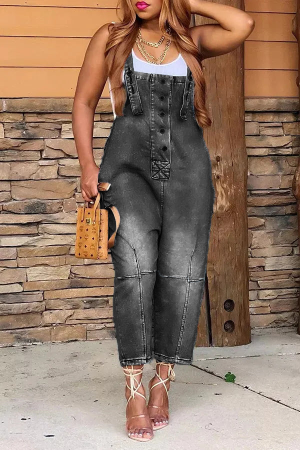 2026 Fashion Casual Designer Style Denim Suspender Jumpsuit