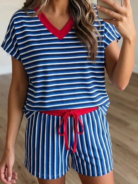 Women's Striped Color-Block V-Neck 2-Piece Set