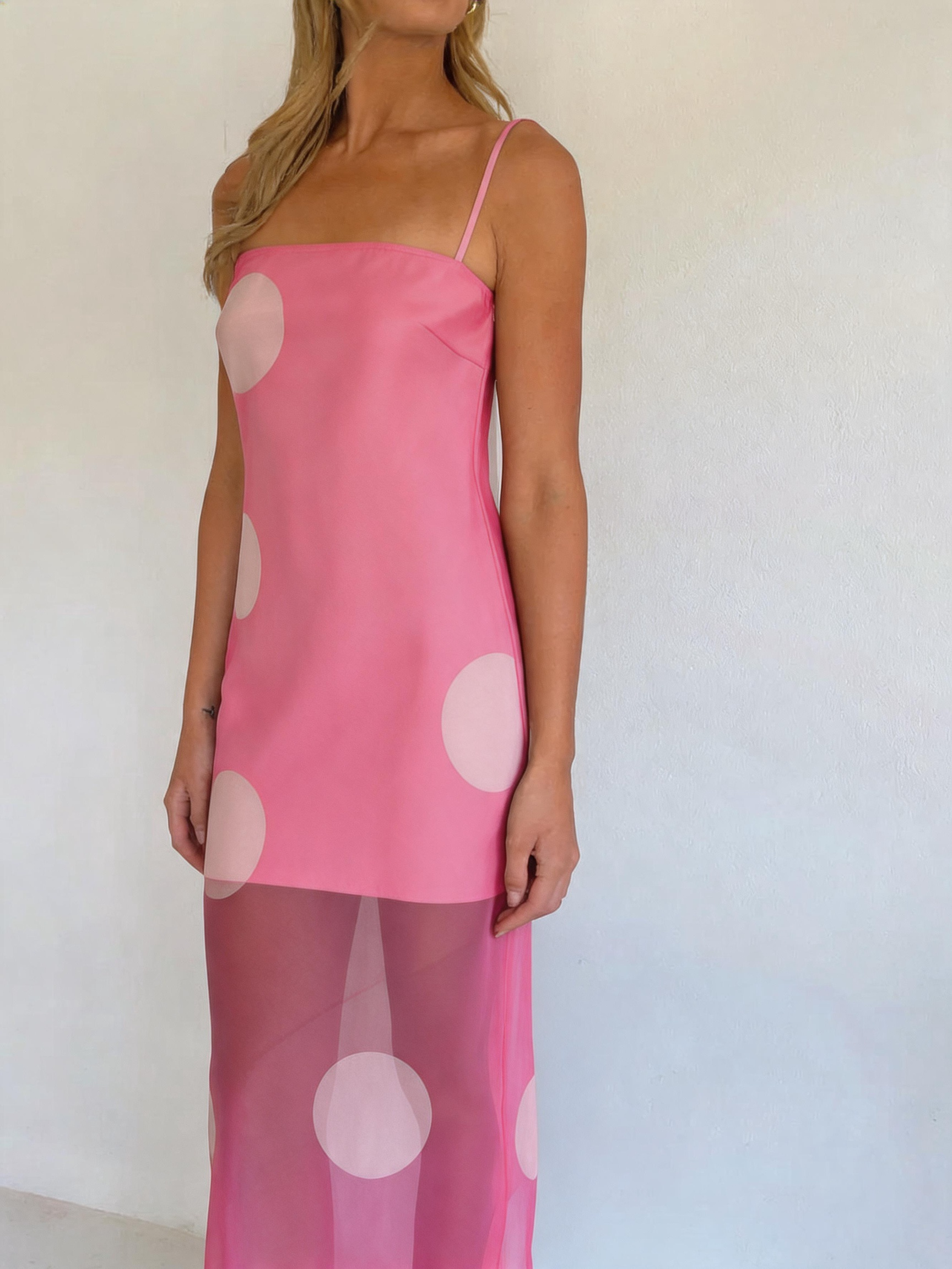 Women's Polka Dot Sheer Overlay Maxi Slip Dress