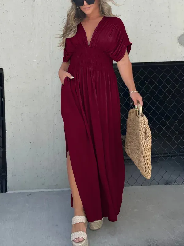 🔥🔥🔥🔥(BIG SALES)👗SLIT V-NECK EFFORTLESS MAXI LONG DRESS